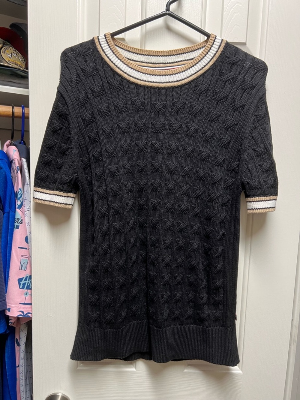 Tommy Hilfiger Black Cable Knit Short-Sleeve Sweater with Cream and Tan Trim